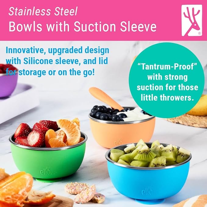Elk and Friends Stainless Steel Bowls with Silicone Sleeve for Babies & Toddlers | Lids Included | Stay Put Suction | Cereal & Snack Bowls | 4 Pack