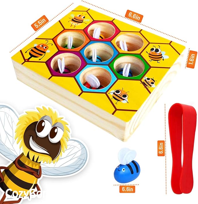 CozyBomB™ Clamp Bee to Hive Matching Game Toddler Fine Motor Skill Toy Montessori Toy Wooden Color Sorting Preschool Learning Educational Gifts Toys for 2 3 4 Years Old Birthdays Christmas Holidays
