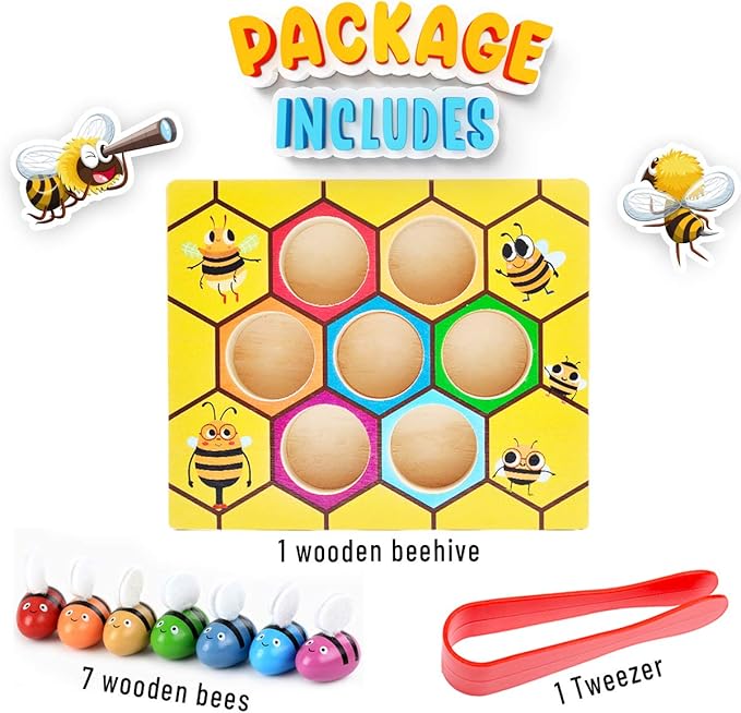 CozyBomB™ Clamp Bee to Hive Matching Game Toddler Fine Motor Skill Toy Montessori Toy Wooden Color Sorting Preschool Learning Educational Gifts Toys for 2 3 4 Years Old Birthdays Christmas Holidays