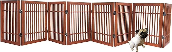 Pet Dog Gate Strong and Durable Freestanding Folding Acacia Hardwood Portable Wooden Fence Indoors or Outdoors by Urnporium (Brown Pet Gate, 8 Panel 24" Tall)