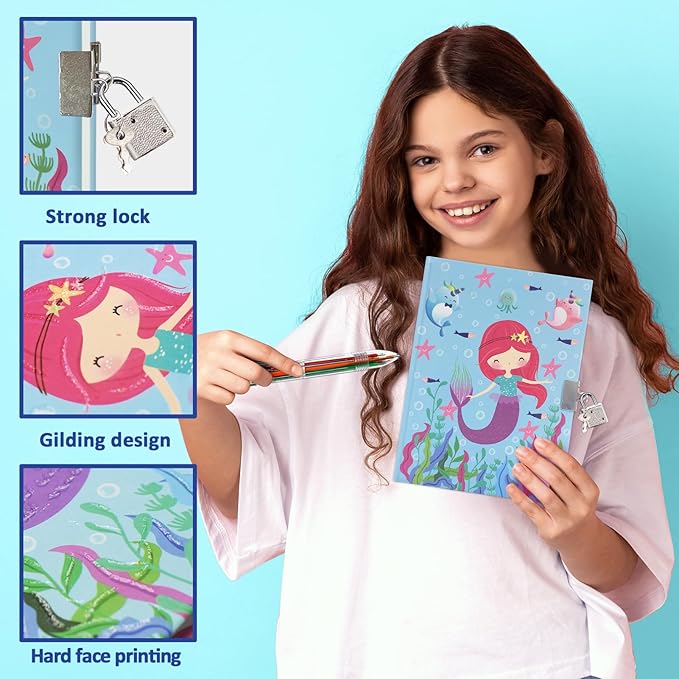 Mermaid Girls Diary with Lock, Set of Diary for Girls Incl. Kids Journal with Lock & Pen (6-Multicolor) Memo Ruler Sharpener Eraser Blue Girls Journal Writing Notebooks for Kids Gifts for Girls 6-8