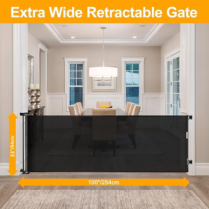 WOMHOM 100 Inch Extra Wide Baby Gate for Large Opening Retractable Baby Gates for Dogs Indoor Safety Gate Dog Gates for The House Extra Long Baby Gate for Stairs Outdoor Mesh Large Pet Gate (Black)