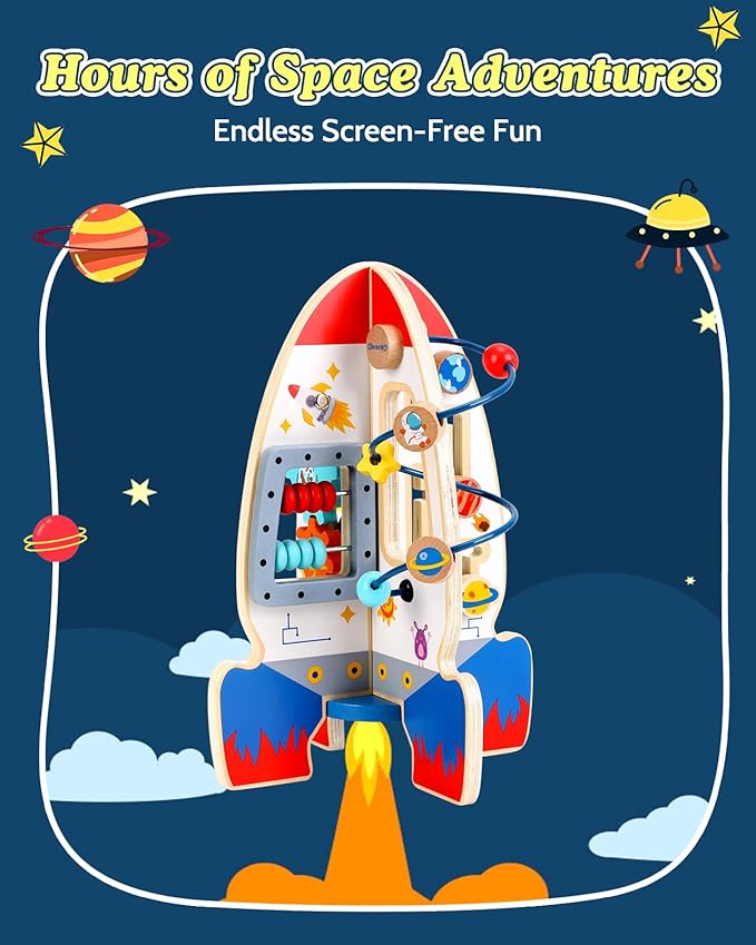 Baby Space Rocket Wooden Activity Cube Montessori Toys, 6-in-1 Sensory and Educational Learning Toys with Bead Maze Abacus, STEM Developmental Birthday Gifts for Toddler Boy Girl Ages 2 3 4