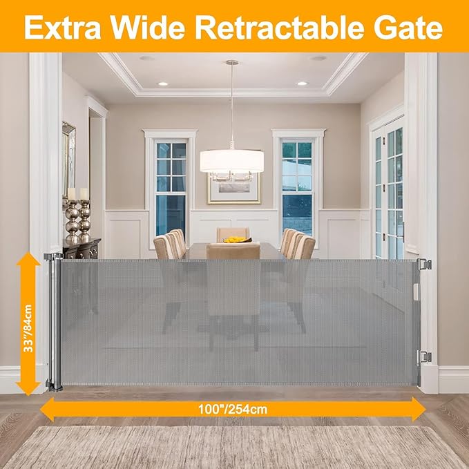 WOMHOM 100 Inch Extra Wide Baby Gate for Large Opening Outdoor Retractable Baby Gates for Doorways Extra Long Retractable Dog gate Extra Large Pet Gates for Dogs Indoor Mesh Baby Gate (Grey)