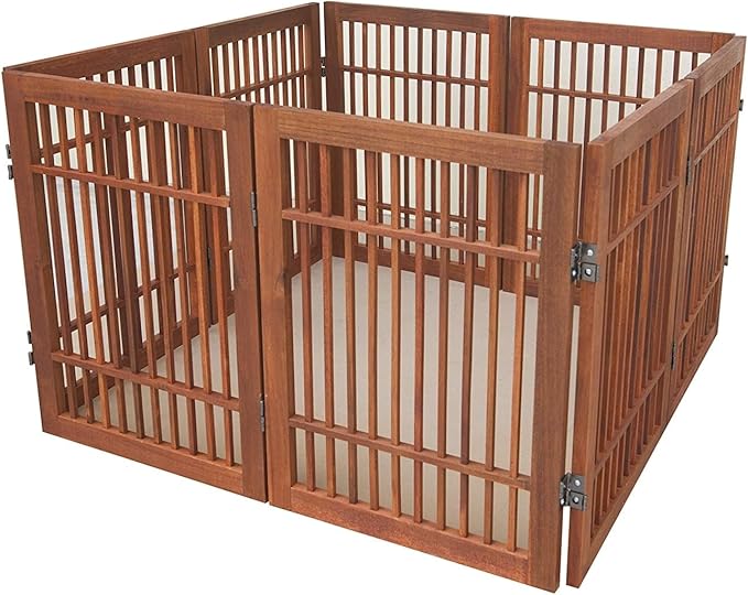 Pet Dog Gate Strong and Durable Freestanding Folding Acacia Hardwood Portable Wooden Fence Indoors or Outdoors by Urnporium (Brown Pet Gate, 8 Panel 24" Tall)