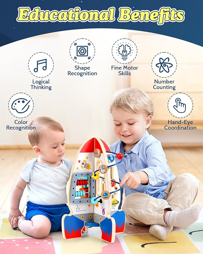 Baby Space Rocket Wooden Activity Cube Montessori Toys, 6-in-1 Sensory and Educational Learning Toys with Bead Maze Abacus, STEM Developmental Birthday Gifts for Toddler Boy Girl Ages 2 3 4