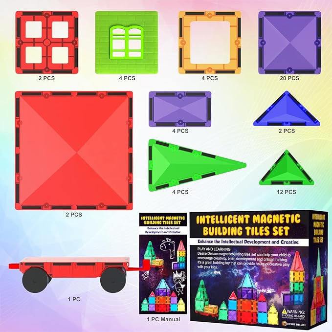 Desire Deluxe Magnetic Tiles Building Blocks Toy - STEM Educational Magnet Set for Kids, Creativity Preschool Learning Sensory Montessori Toddler Toys for Boys & Girls 3+ Years Old - 57PC