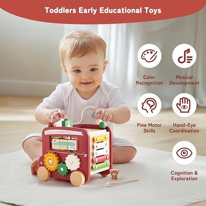 Wooden Activity Cube 8-in-1 Montessori Toys | Multifunctional Early Educational Learning Toys | Activity Cube for Baby Shape Sorter Xylophone Animal Travel Bus Toys Boy Girl Birthday Gift(Red Bus)