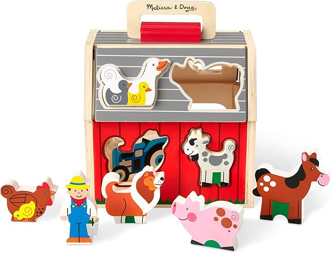 Melissa & Doug Wooden Take-Along Barn Toy with Flip-Up Roof and Handle, 10 Farm Play Pieces, Shape Sorting And Stacking Learning Toys For Toddlers And Kids Ages 2+
