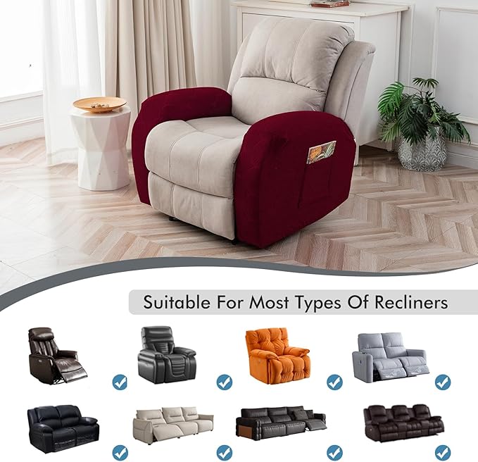 100% Waterproof Armrest Covers for Recliner Sofa, 2 Pieces Stretch Recliner Armrest Slipcovers Washable Couch Arm Covers for Recliners for Pets, Dogs, Kids (Wine, Armrest Covers)
