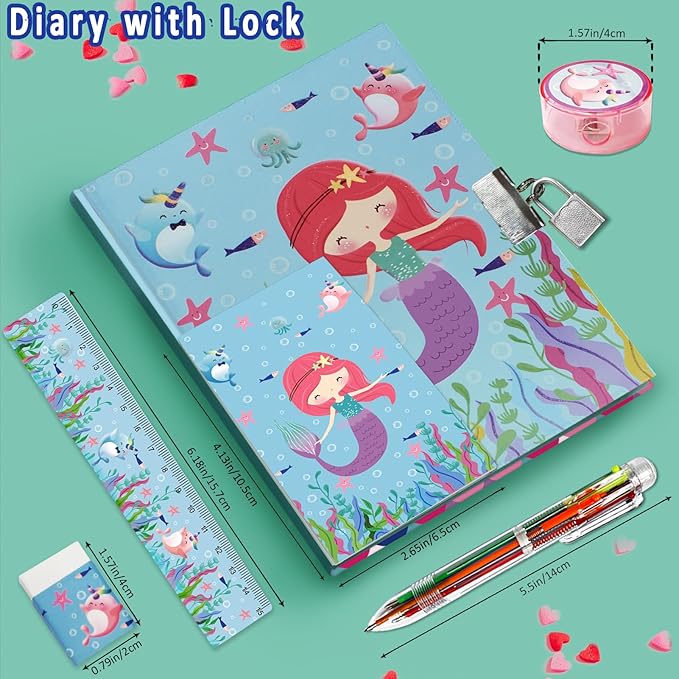 Mermaid Girls Diary with Lock, Set of Diary for Girls Incl. Kids Journal with Lock & Pen (6-Multicolor) Memo Ruler Sharpener Eraser Blue Girls Journal Writing Notebooks for Kids Gifts for Girls 6-8