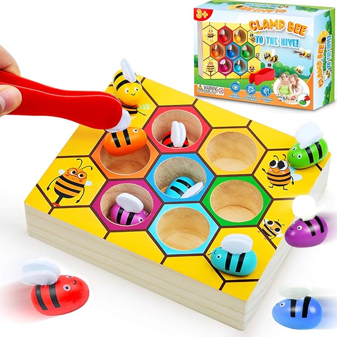 CozyBomB™ Clamp Bee to Hive Matching Game Toddler Fine Motor Skill Toy Montessori Toy Wooden Color Sorting Preschool Learning Educational Gifts Toys for 2 3 4 Years Old Birthdays Christmas Holidays