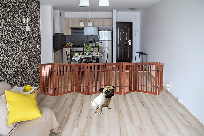 Pet Dog Gate Strong and Durable Freestanding Folding Acacia Hardwood Portable Wooden Fence Indoors or Outdoors by Urnporium (Brown Pet Gate, 8 Panel 24" Tall)