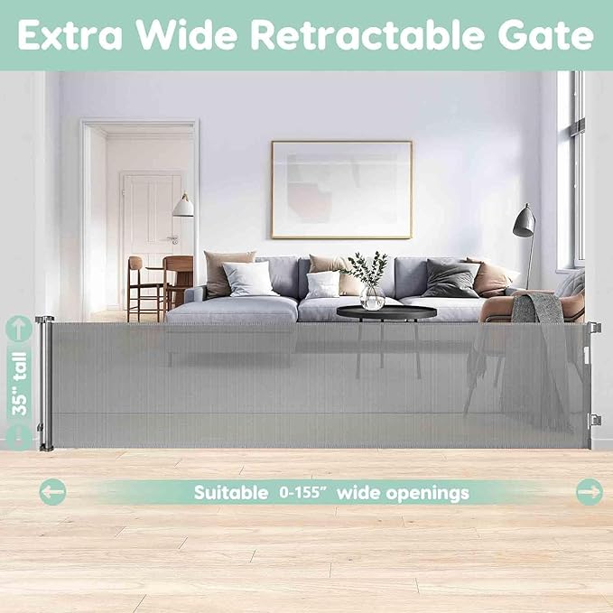 155 Inch Extra Wide Baby Gate Retractable Baby Gates Extra Wide Baby Gates for Large Openings Extra Long Baby Gate Indoor Extra Large Baby Gate Mesh Dog Gates for Doorways Pet Gate Outdoor Safety Gate