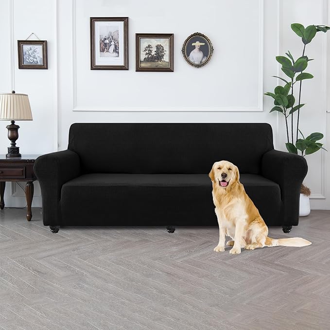 100% Waterproof Jacquard Fabric Couch Cover, Dual Layer with TPU Film, Leakproof High Elasticity Non-Slip Washable Furniture Protector for Pets, Dogs, Cats and Kids (Oversized Sofa,Black)