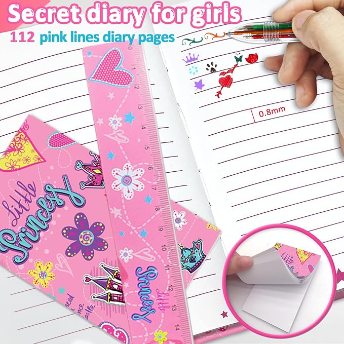 Princess Girls Diary with Lock, Set of Diary for Girls Incl. Kids Journal with Lock & Pen (6-Multicolor) Memo Ruler Sharpener Eraser Pink Girls Journal Writing Notebooks for Kids Gifts for Girls 6-8