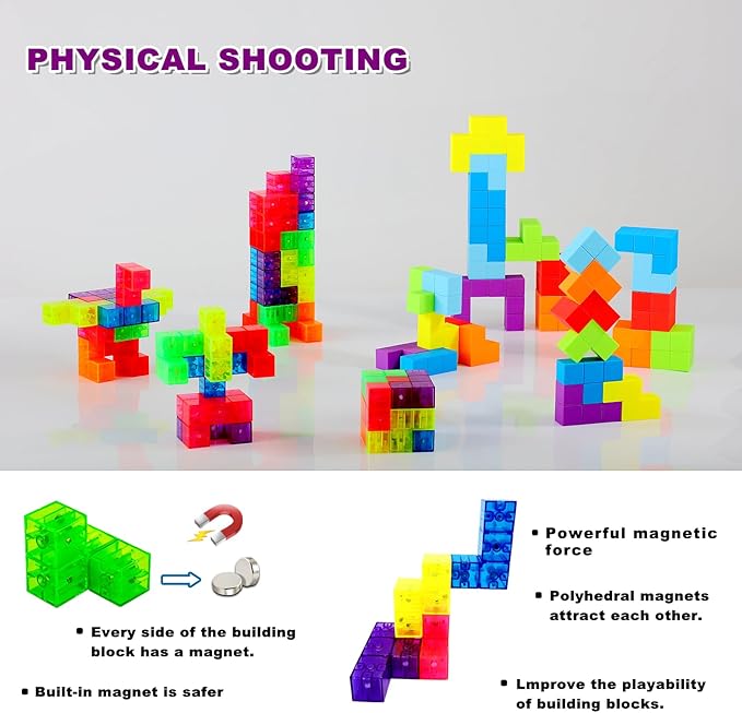 Magnetic Building Blocks Magic Magnetic 3D Puzzle Cubes, Set of 14 Multi Shapes Magnetics Blocks with 108 Guide Cards,Parent-Child Interactive Children's Educational Toys (14color)