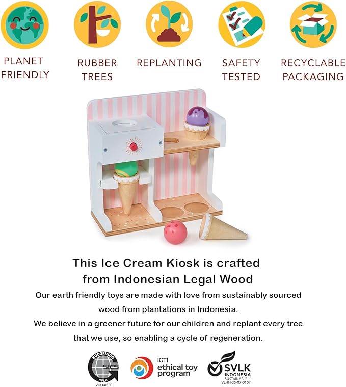 Mentari Toys - Ice Cream Kiosk - Wooden Mini Ice Cream Toy Shop - Pretend Play Set for Kids, Play Food and Accessories, Encourage Role Play and Develops Social Skills - Age 3+
