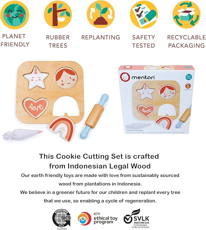 Mentari Toys - Cookie Cutting Set - 7pc Wooden Cookie Play Food Set with Accessories - Pretend Play Cookies and Baking for Toddlers - Shape Sorting Imaginative Play Set for Toddlers - Age 2+