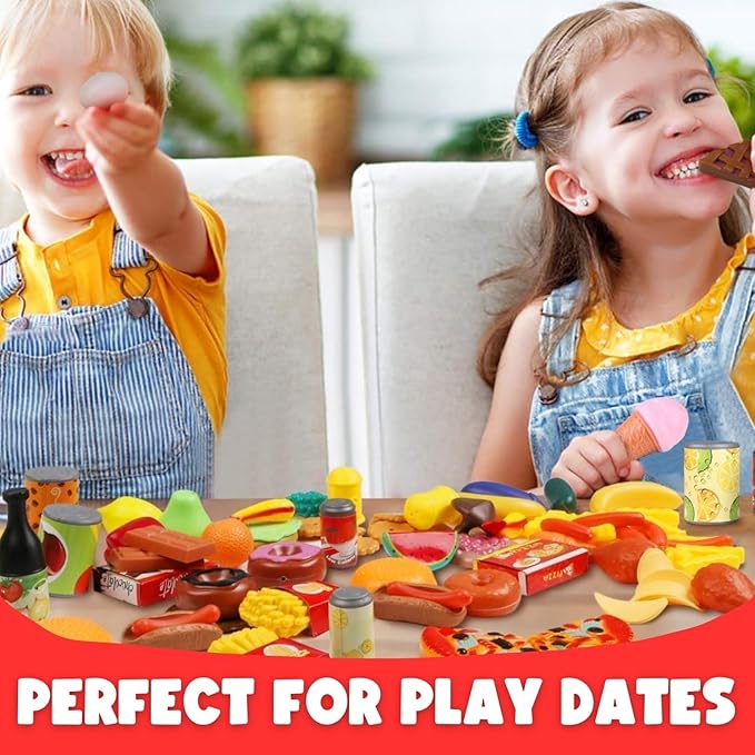 170 PCS Pretend Play Food Toys for Kids Play Kitchen - BPA-Free Mini Kitchen Accessories and Plastic Fake Food Toys with Veggies, Fruits, Pizza - Imaginative Play Set for Toddlers, Boys, Girls
