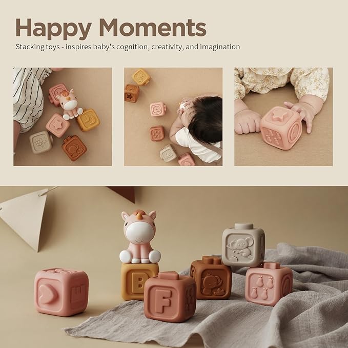 Nueplay 7 Pcs Soft Building Blocks, Sensory Stacking Squeeze Toys with Horse Figure, Newborn Essentials for 6 12 18 Months Baby Toddler Girls