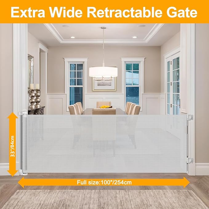 WOMHOM 100 Inch Extra Long Retractable Dog Gate for The House Extra Wide Baby Gate Retractable Baby Gates Toddler Gate Extra Large Pet Gate Outdoor Retractable Gate Child Gate (Light Grey)