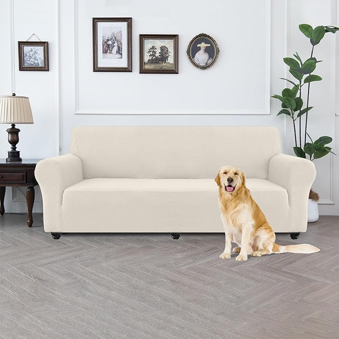 100% Waterproof Jacquard Fabric Couch Cover, Dual Layer with TPU Film, Leakproof High Elasticity Non-Slip Washable Furniture Protector for Pets, Dogs, Cats and Kids (Oversized Sofa,Beige)