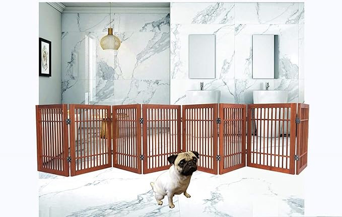 Pet Dog Gate Strong and Durable Freestanding Folding Acacia Hardwood Portable Wooden Fence Indoors or Outdoors by Urnporium (Brown Pet Gate, 8 Panel 24" Tall)
