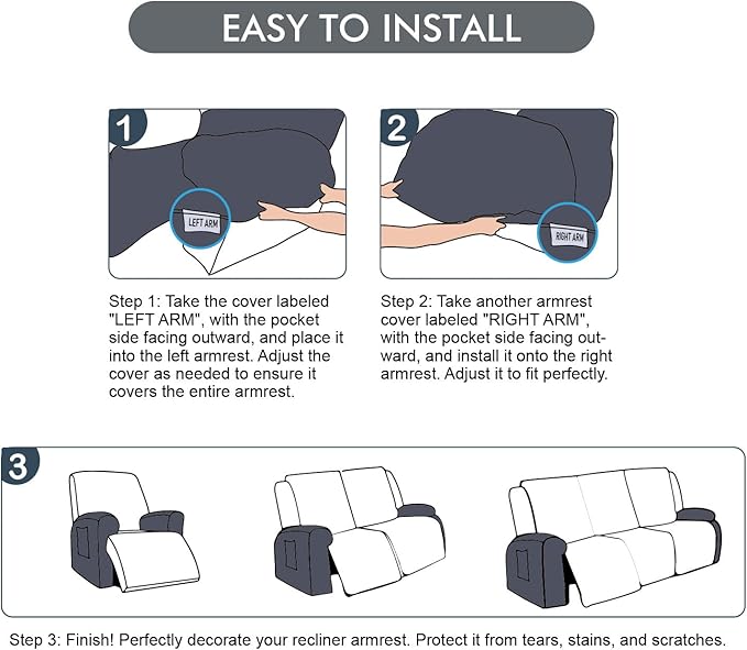 100% Waterproof Armrest Covers for Recliner Sofa, 2 Pieces Stretch Recliner Armrest Slipcovers Washable Couch Arm Covers for Recliners for Pets, Dogs, Kids (Wine, Armrest Covers)