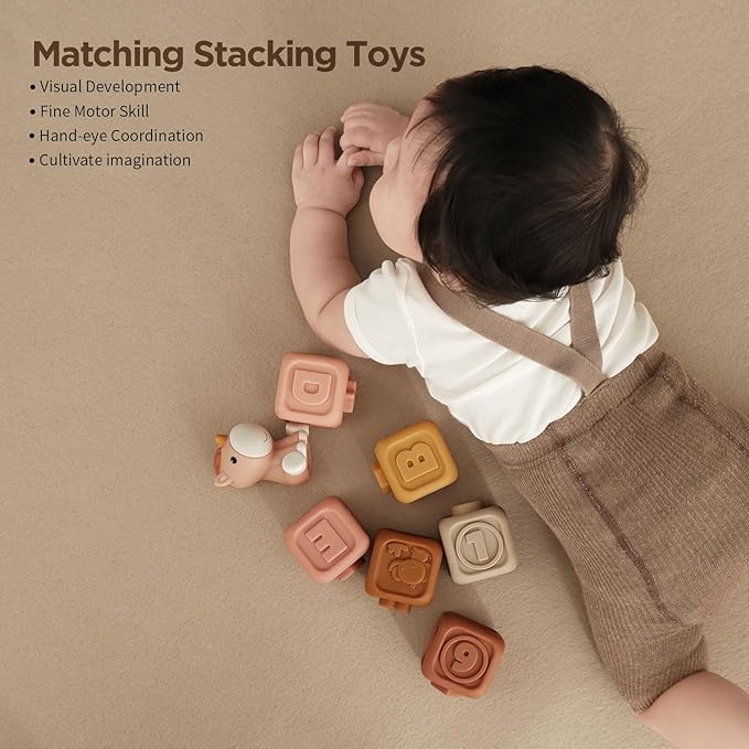 Nueplay 7 Pcs Soft Building Blocks, Sensory Stacking Squeeze Toys with Horse Figure, Newborn Essentials for 6 12 18 Months Baby Toddler Girls