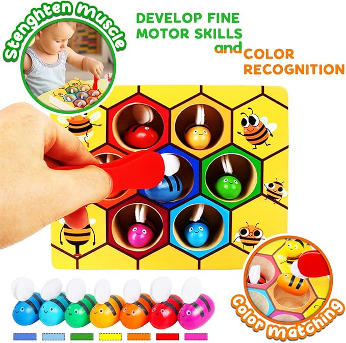 CozyBomB™ Clamp Bee to Hive Matching Game Toddler Fine Motor Skill Toy Montessori Toy Wooden Color Sorting Preschool Learning Educational Gifts Toys for 2 3 4 Years Old Birthdays Christmas Holidays
