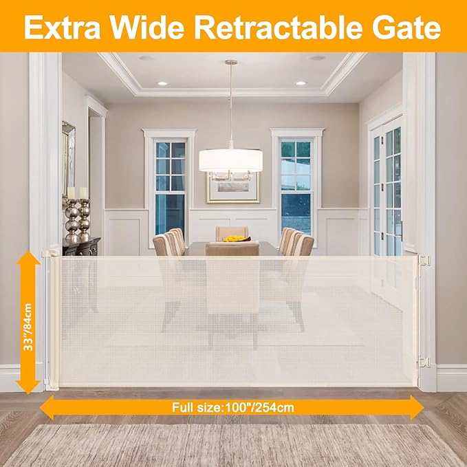 WOMHOM 100 Inch Extra Long Retractable Dog Gate for The House Extra Wide Baby Gate Retractable Baby Gates Toddler Gate Extra Large Pet Gate Outdoor Retractable Gate Child Gate for Wide Opening (Beige)