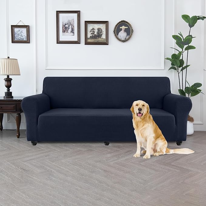 100% Waterproof Jacquard Fabric Couch Cover, Dual Layer with TPU Film, Leakproof High Elasticity Non-Slip Washable Furniture Protector for Pets, Dogs, Cats and Kids (Oversized Sofa,Navy Blue)