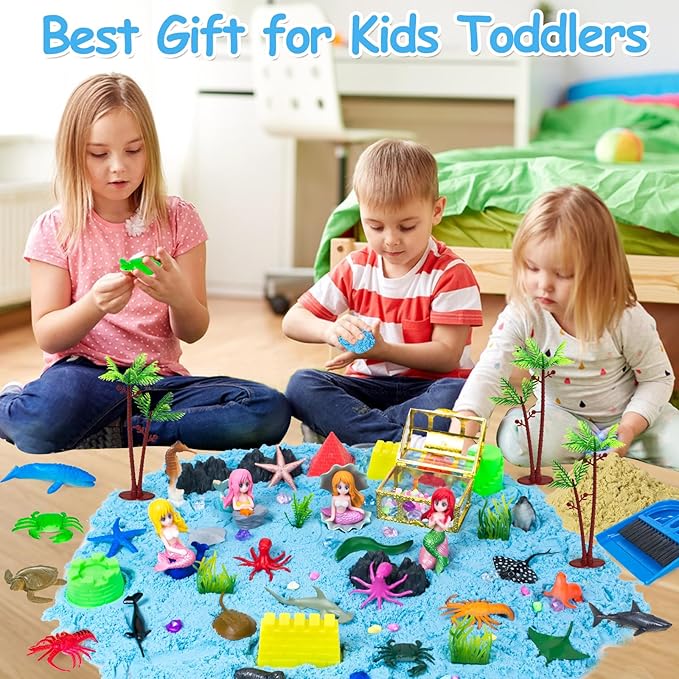 Sensory Bins, Ocean Mermaid Sensory Bin Toys Sand Box for Kids Ages 3 4 5 6 7 8 9 Include 2.64lbs Magic Sand, 6 Castle Mould, 4 Mermaids, 30 Sea Animals- Toddlers Play Sand Art Kits