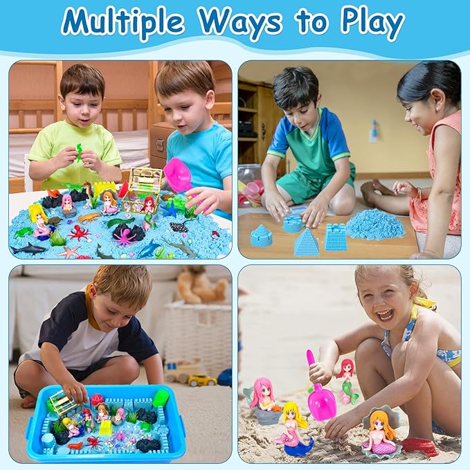 Sensory Bins, Ocean Mermaid Sensory Bin Toys Sand Box for Kids Ages 3 4 5 6 7 8 9 Include 2.64lbs Magic Sand, 6 Castle Mould, 4 Mermaids, 30 Sea Animals- Toddlers Play Sand Art Kits