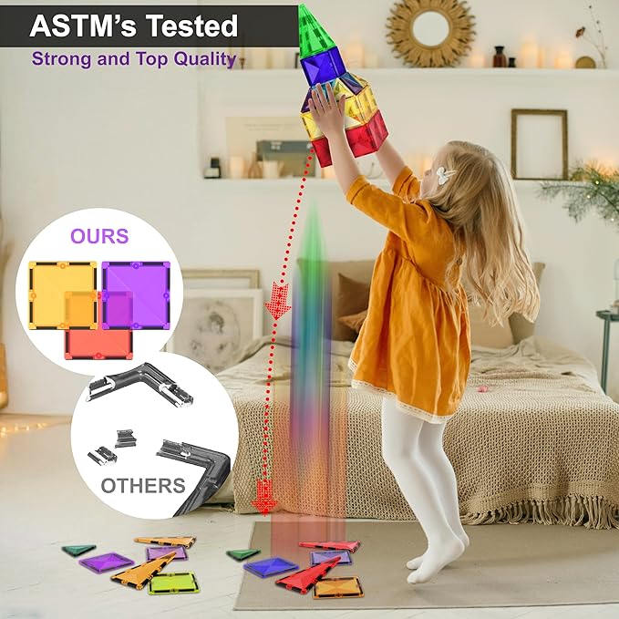 Desire Deluxe Magnetic Tiles Building Blocks Toy - STEM Educational Magnet Set for Kids, Creativity Preschool Learning Sensory Montessori Toddler Toys for Boys & Girls 3+ Years Old - 57PC