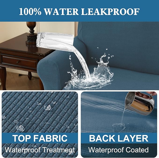 100% Waterproof Jacquard Fabric Couch Cover, Dual Layer with TPU Film, Leakproof High Elasticity Non-Slip Washable Furniture Protector for Pets, Dogs, Cats and Kids (Oversized Sofa,Berlin Blue)