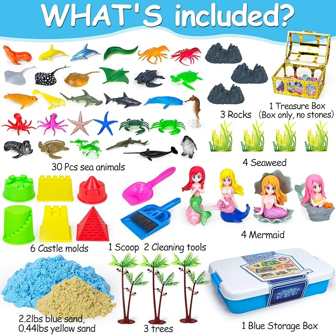 Sensory Bins, Ocean Mermaid Sensory Bin Toys Sand Box for Kids Ages 3 4 5 6 7 8 9 Include 2.64lbs Magic Sand, 6 Castle Mould, 4 Mermaids, 30 Sea Animals- Toddlers Play Sand Art Kits