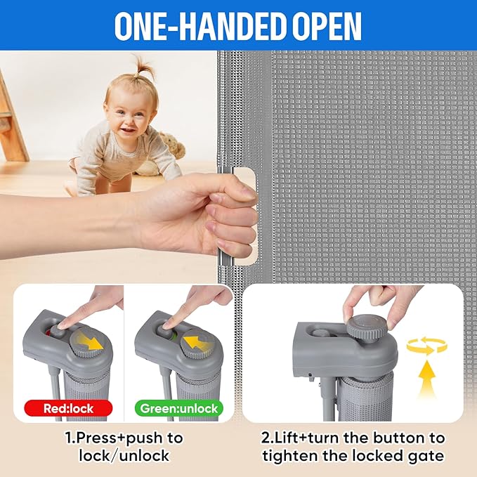 34X100” Extra Wide Retractable Baby Gate, Extra Wide Safety Kids or Pets Gate, 34” Tall, Extends to 100” Extra Wide, Mesh Safety Dog Gate for Stairs, Indoor, Outdoor, Doorways, Hallways