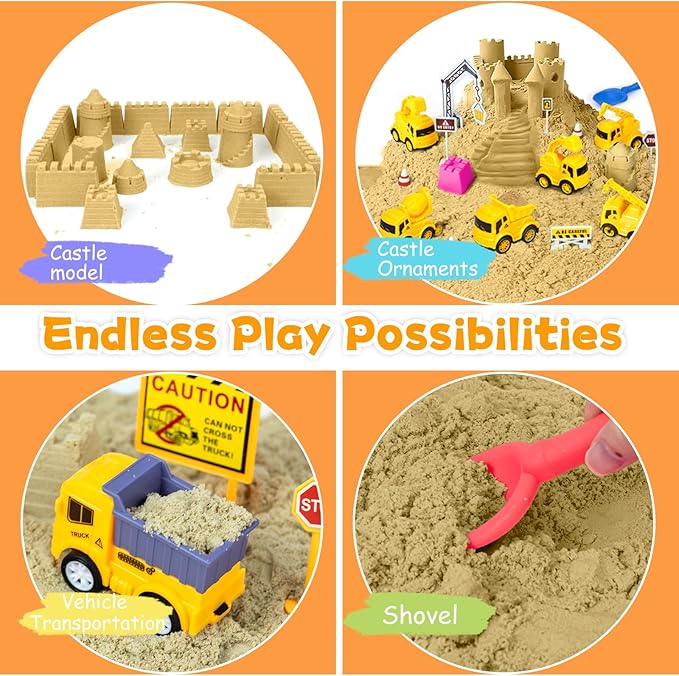 Hymaz Construction Sensory Bin, 33 pcs Construction Toys Sensory Bins for Kids 2-4 5-7, Sandbox with lid Sand Castle Building kit, Kids Play Sand for Sandbox Toys, Sand Kit for Xmas Birthday Gift