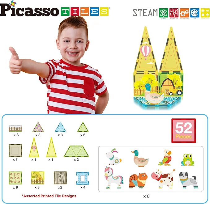 PicassoTiles Magnet Tile Building Blocks Farm Animal Toy Set with 8 Character Action Figures Magnetic Tiles STEM Learning Kit Playset Educational Pretend Play Preschool Toddler Child Kid Age 3+ PTQ17