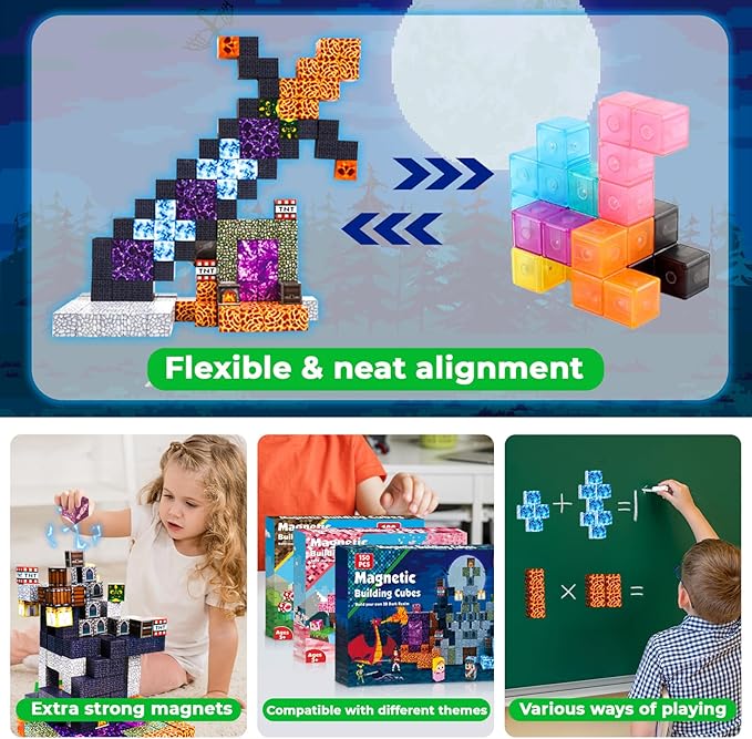 Goody King 150 PCS Magnetic Building Blocks Montessori Magnetic Toys, Build Magnetic Dark Castle Set, STEM Toddler Sensory Building Blocks for Toddler Boys Girls 3 4 5 6 7 8 9 10th Birthday Gift