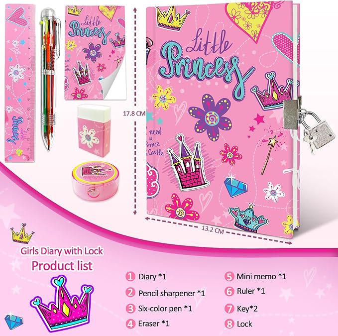 Princess Girls Diary with Lock, Set of Diary for Girls Incl. Kids Journal with Lock & Pen (6-Multicolor) Memo Ruler Sharpener Eraser Pink Girls Journal Writing Notebooks for Kids Gifts for Girls 6-8