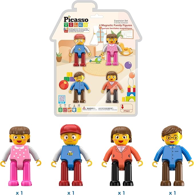PicassoTiles Magnetic 4 Family Action Figures Toddler Toy Magnet Expansion Pack Educational Add-on STEM Learning Kit Toys Pretend Playset for Construction Building Block Tiles Child Brain Development