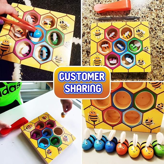 CozyBomB™ Clamp Bee to Hive Matching Game Toddler Fine Motor Skill Toy Montessori Toy Wooden Color Sorting Preschool Learning Educational Gifts Toys for 2 3 4 Years Old Birthdays Christmas Holidays