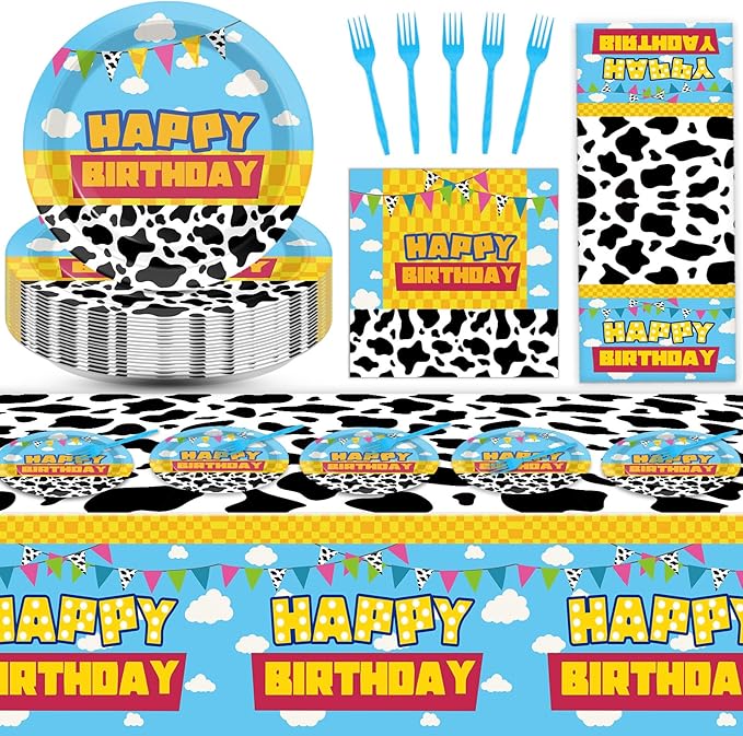 Cartoon Story Birthday Party Supplies Cow Print Party Tableware Includes Cartoon Story Party Plates Napkins Fork and Blue Sky White Clouds Tablecloth for Baby Show Parties Decorations Set Serve 20