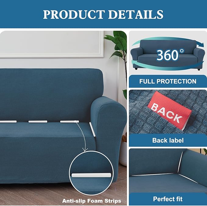 100% Waterproof Jacquard Fabric Couch Cover, Dual Layer with TPU Film, Leakproof High Elasticity Non-Slip Washable Furniture Protector for Pets, Dogs, Cats and Kids (Oversized Sofa,Berlin Blue)