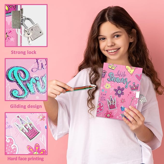Princess Girls Diary with Lock, Set of Diary for Girls Incl. Kids Journal with Lock & Pen (6-Multicolor) Memo Ruler Sharpener Eraser Pink Girls Journal Writing Notebooks for Kids Gifts for Girls 6-8
