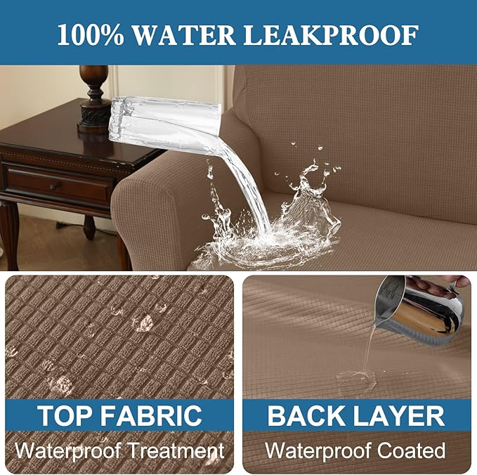 100% Waterproof Jacquard Fabric Couch Cover, Dual Layer with TPU Film, Leakproof High Elasticity Non-Slip Washable Furniture Protector for Pets, Dogs, Cats and Kids (Oversized Sofa,Taupe)