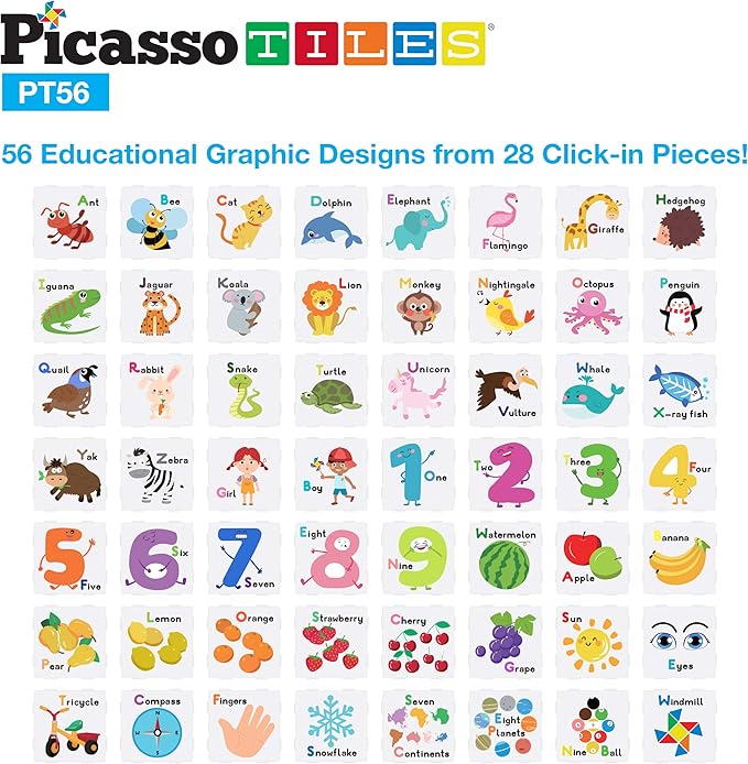 PicassoTiles Magnetic Building Blocks with Tiles and Educational Artwork Graphic Click-in Inserts Magnet Construction Toy Set STEM Learning Kit Playset Child Brain Development PT56